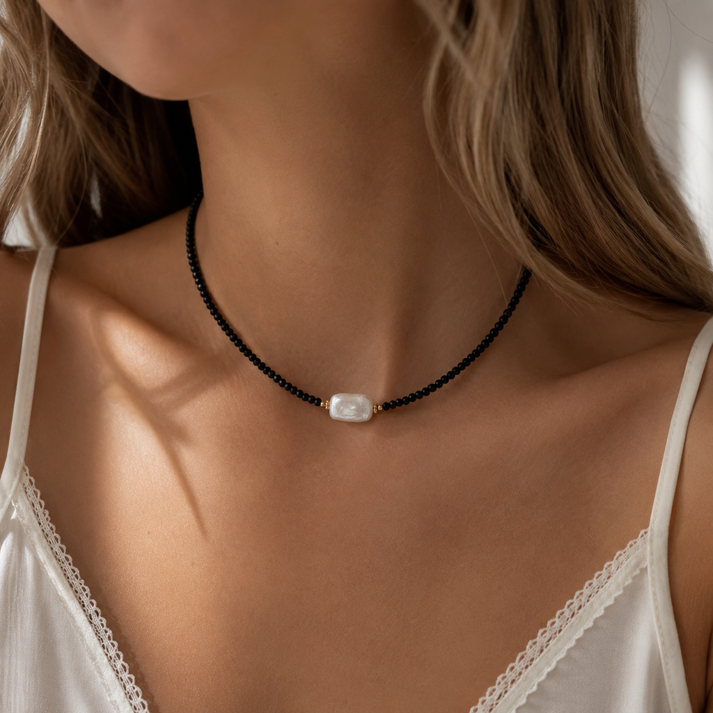 Black Spinel & Baroque Pearl Choker Necklace