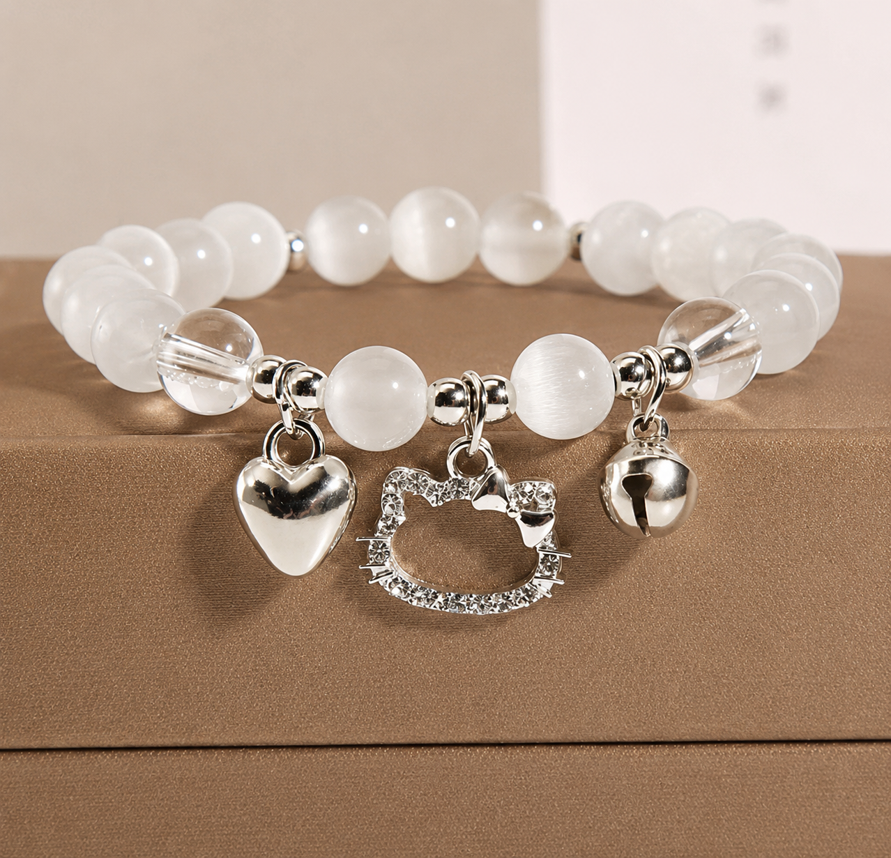 Snow Kitty Charm Beaded Bracelet