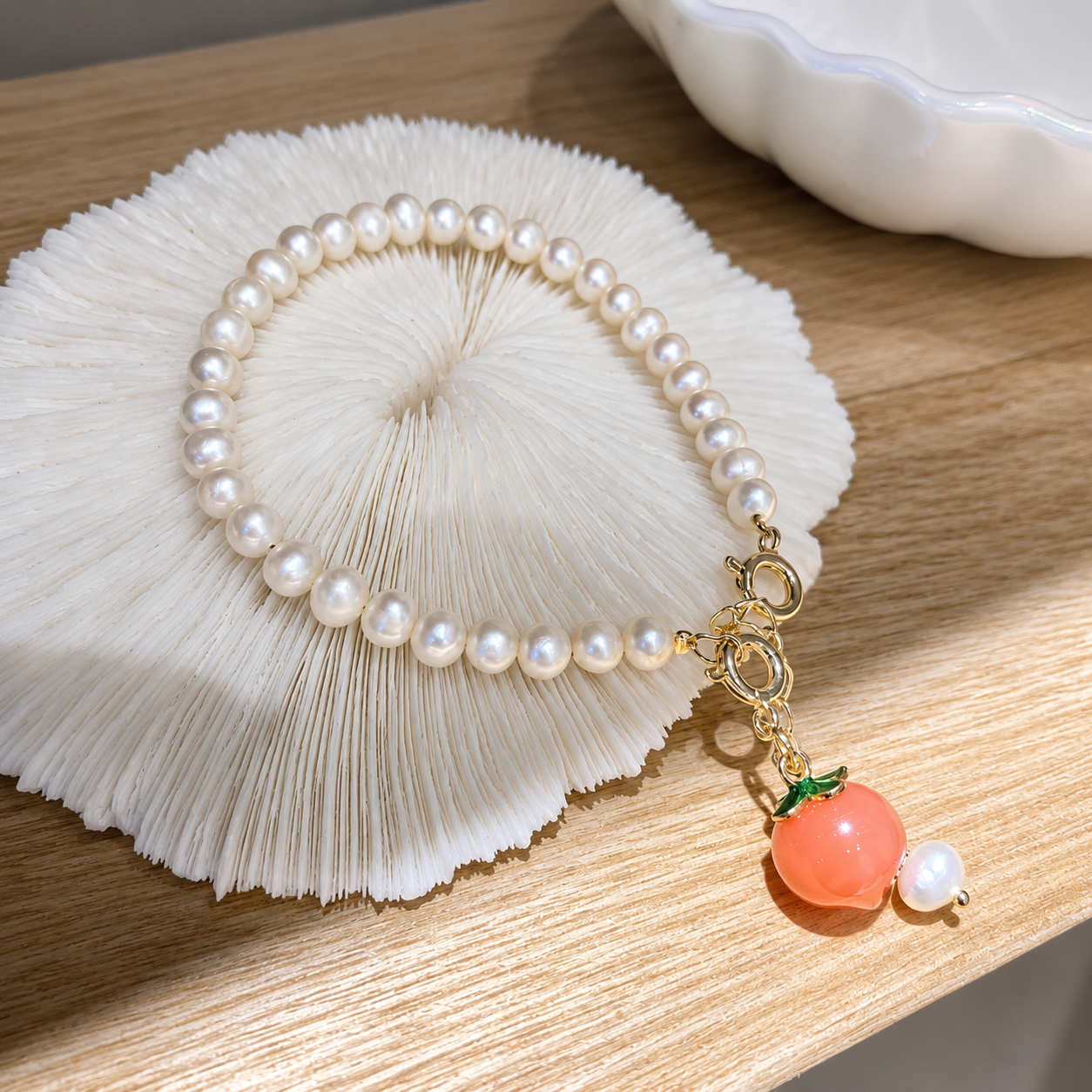 Peach Charm Pearl Bracelet