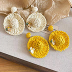 Handwoven Yellow Straw Hat Earrings