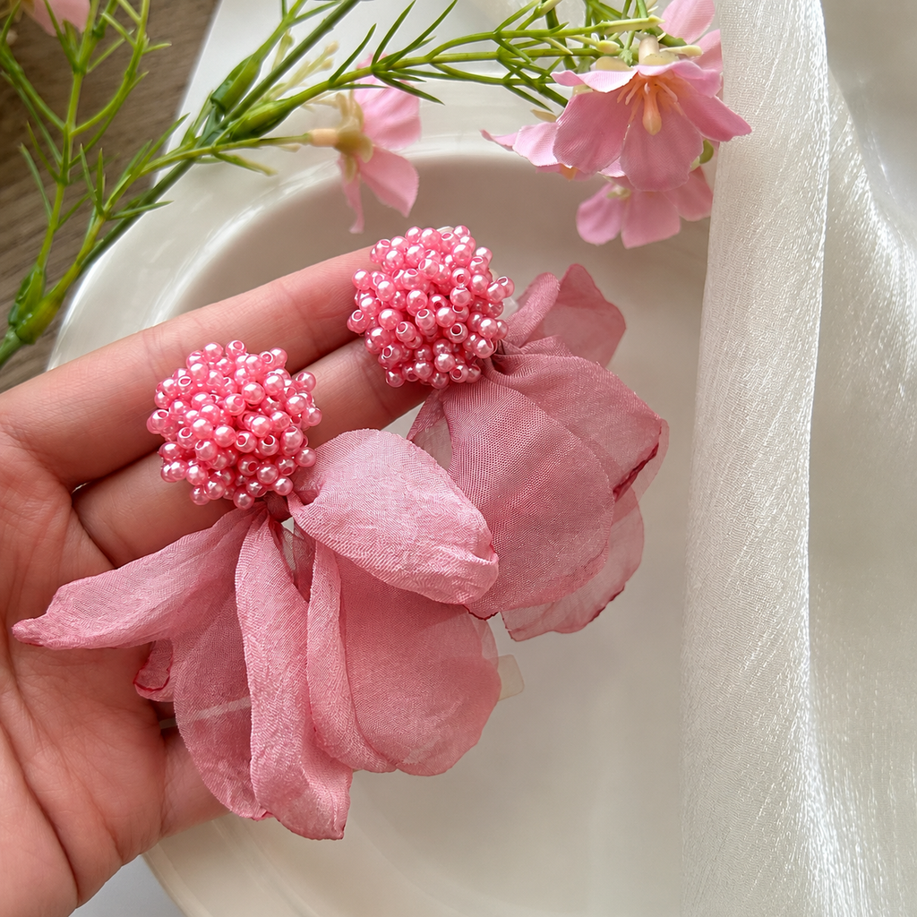 Rosé Petal Symphony Earrings  Handcrafted Floral Statement Drop Earrings