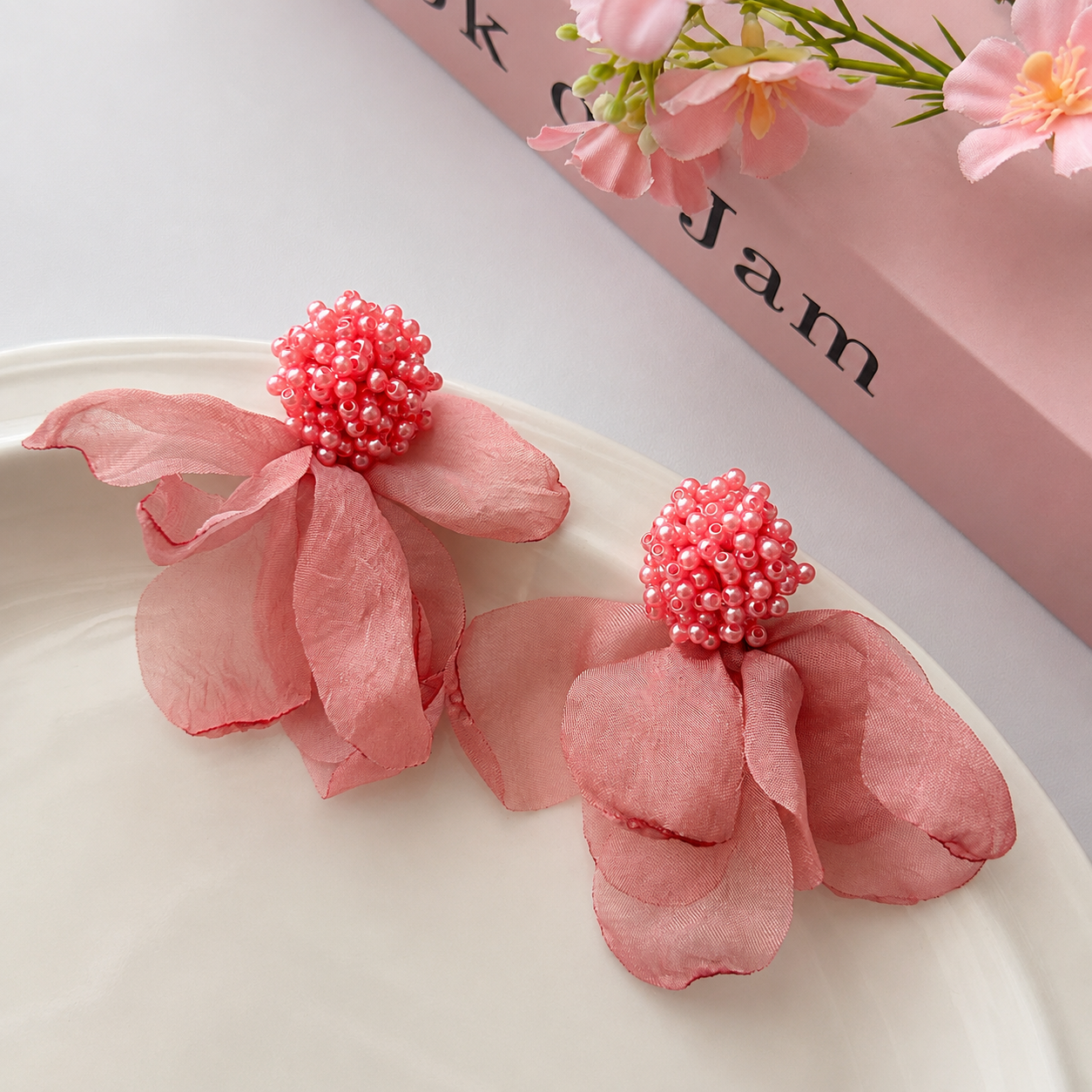 Rosé Petal Symphony Earrings  Handcrafted Floral Statement Drop Earrings