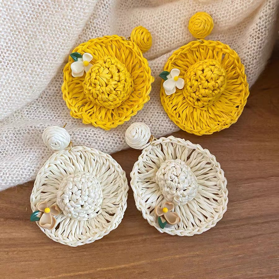 Handwoven Yellow Straw Hat Earrings