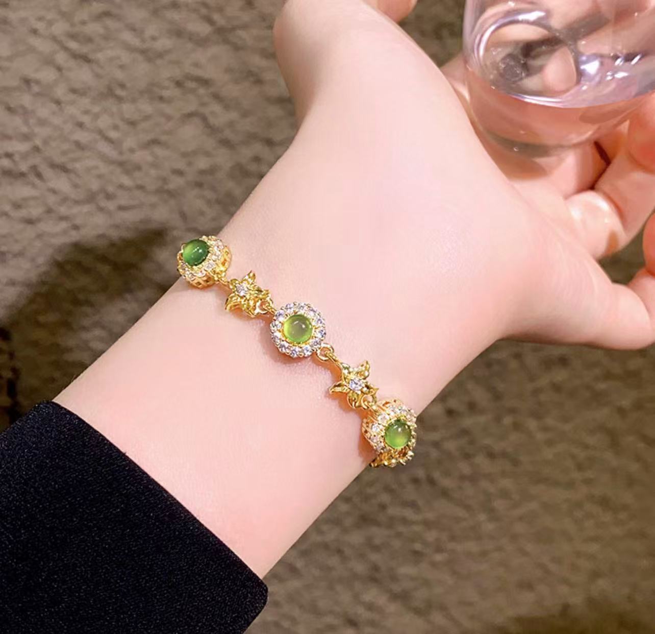 Enchanted Emerald Collection | Forest-Inspired Floral Bracelet with Green Stone & Zircon