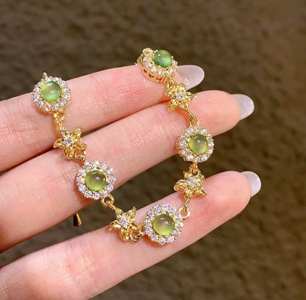 Enchanted Emerald Collection | Forest-Inspired Floral Bracelet with Green Stone & Zircon