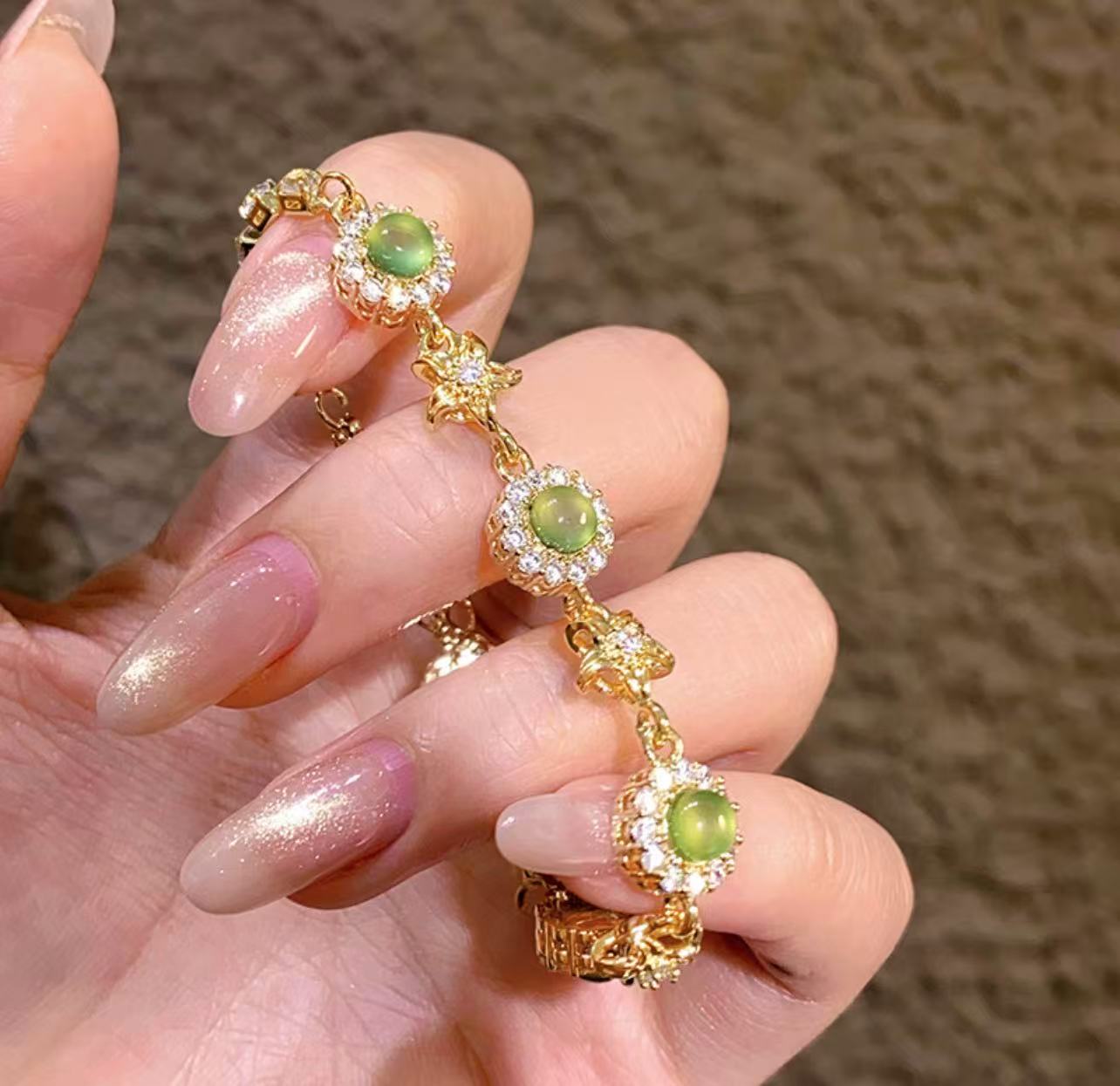Enchanted Emerald Collection | Forest-Inspired Floral Bracelet with Green Stone & Zircon