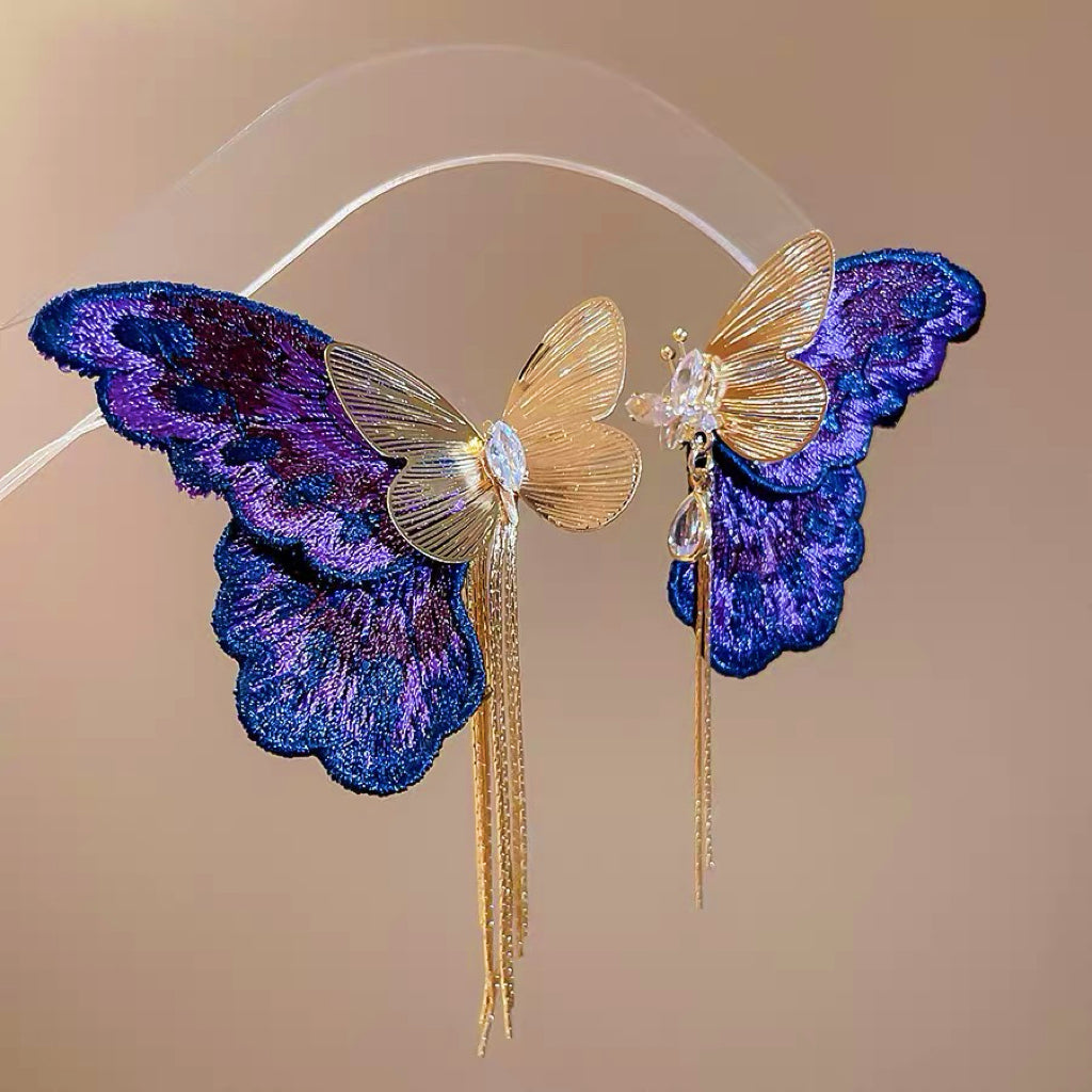Violet Butterfly Sonata | Embroidered Butterfly Tassel Earrings