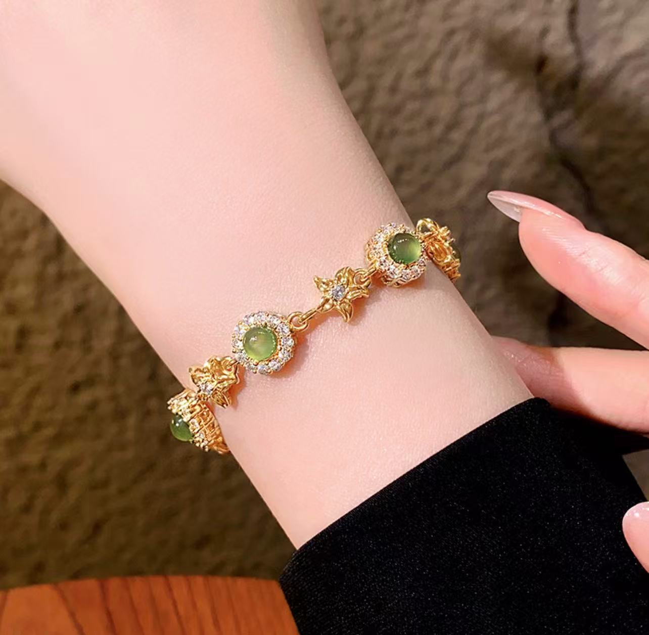 Enchanted Emerald Collection | Forest-Inspired Floral Bracelet with Green Stone & Zircon