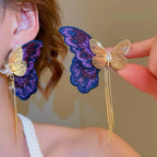 Violet Butterfly Sonata | Embroidered Butterfly Tassel Earrings