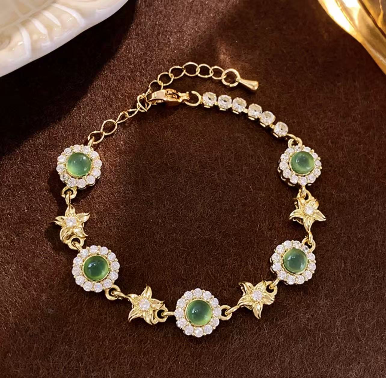 Enchanted Emerald Collection | Forest-Inspired Floral Bracelet with Green Stone & Zircon