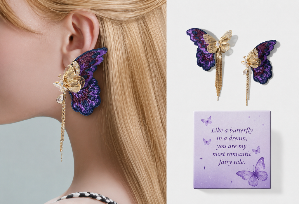 Violet Butterfly Sonata | Embroidered Butterfly Tassel Earrings