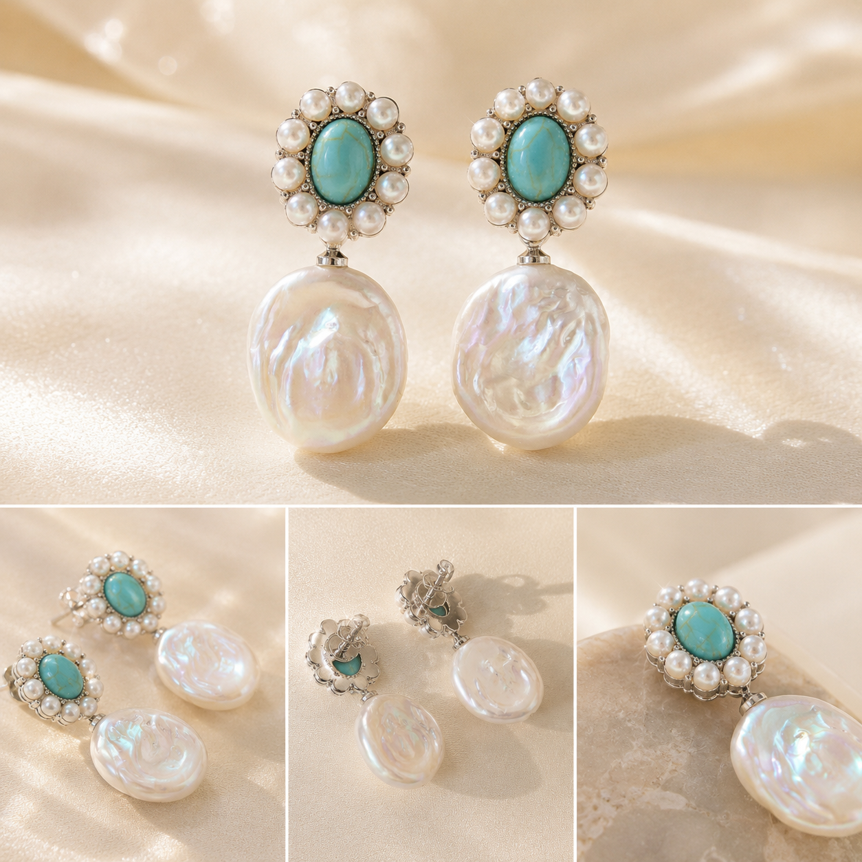 Vintage Turquoise Baroque Pearl Statement Earrings – Silver Tone