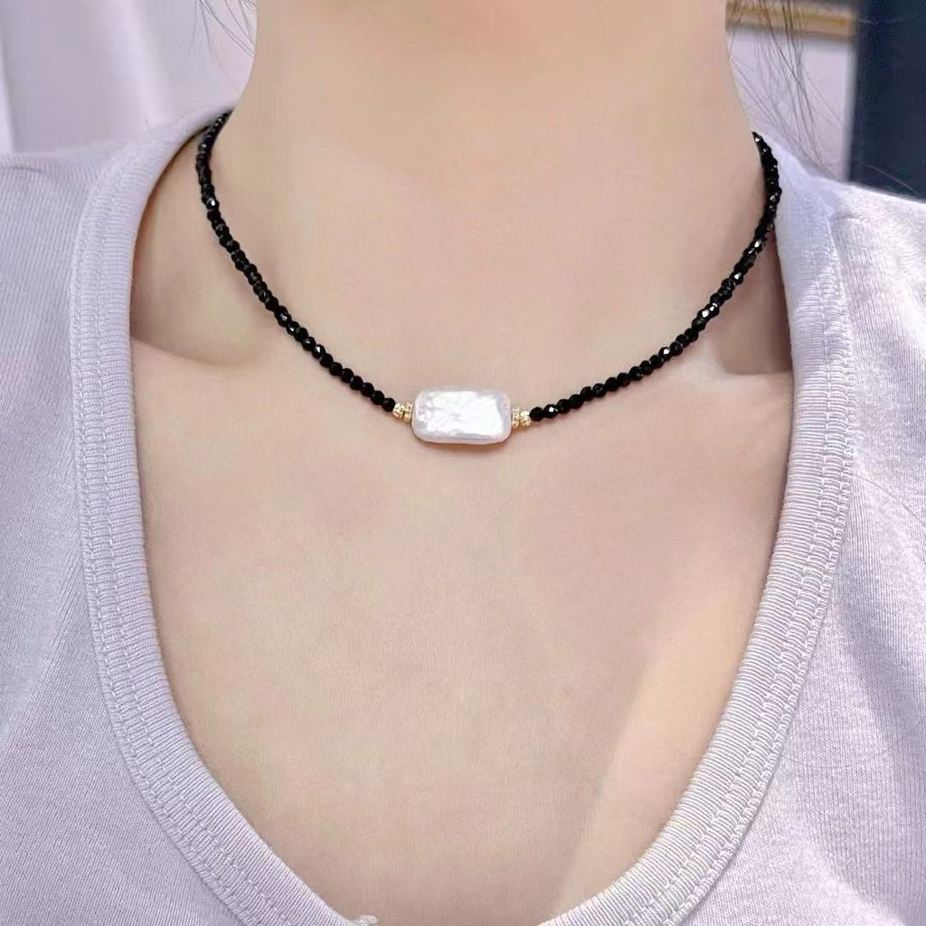 Black Spinel & Baroque Pearl Choker Necklace