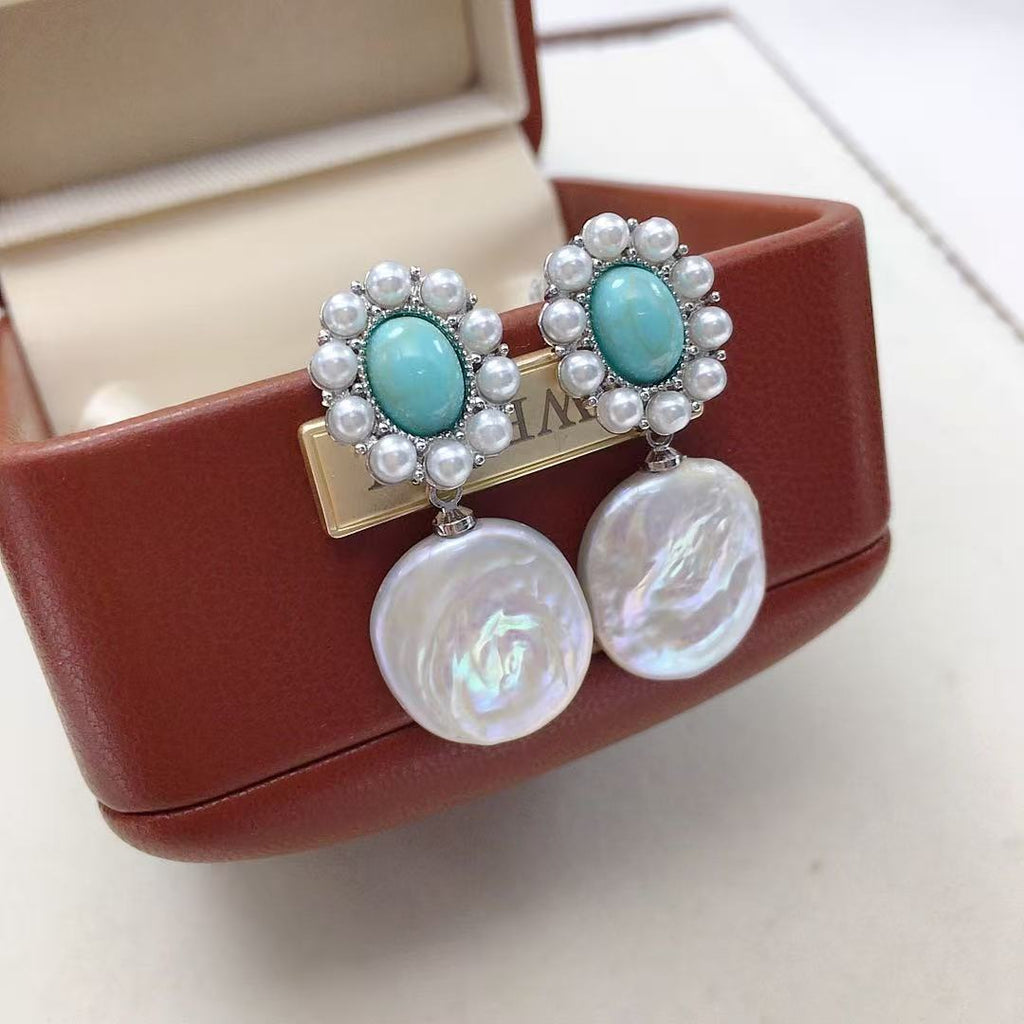 Vintage Turquoise Baroque Pearl Statement Earrings – Silver Tone