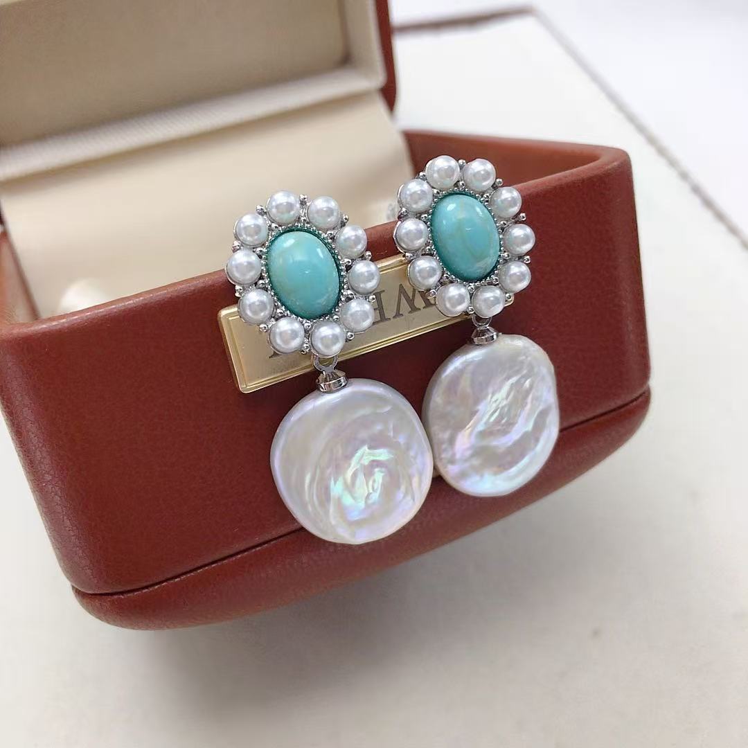 Vintage Turquoise Baroque Pearl Statement Earrings – Silver Tone
