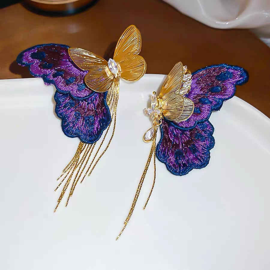 Violet Butterfly Sonata | Embroidered Butterfly Tassel Earrings