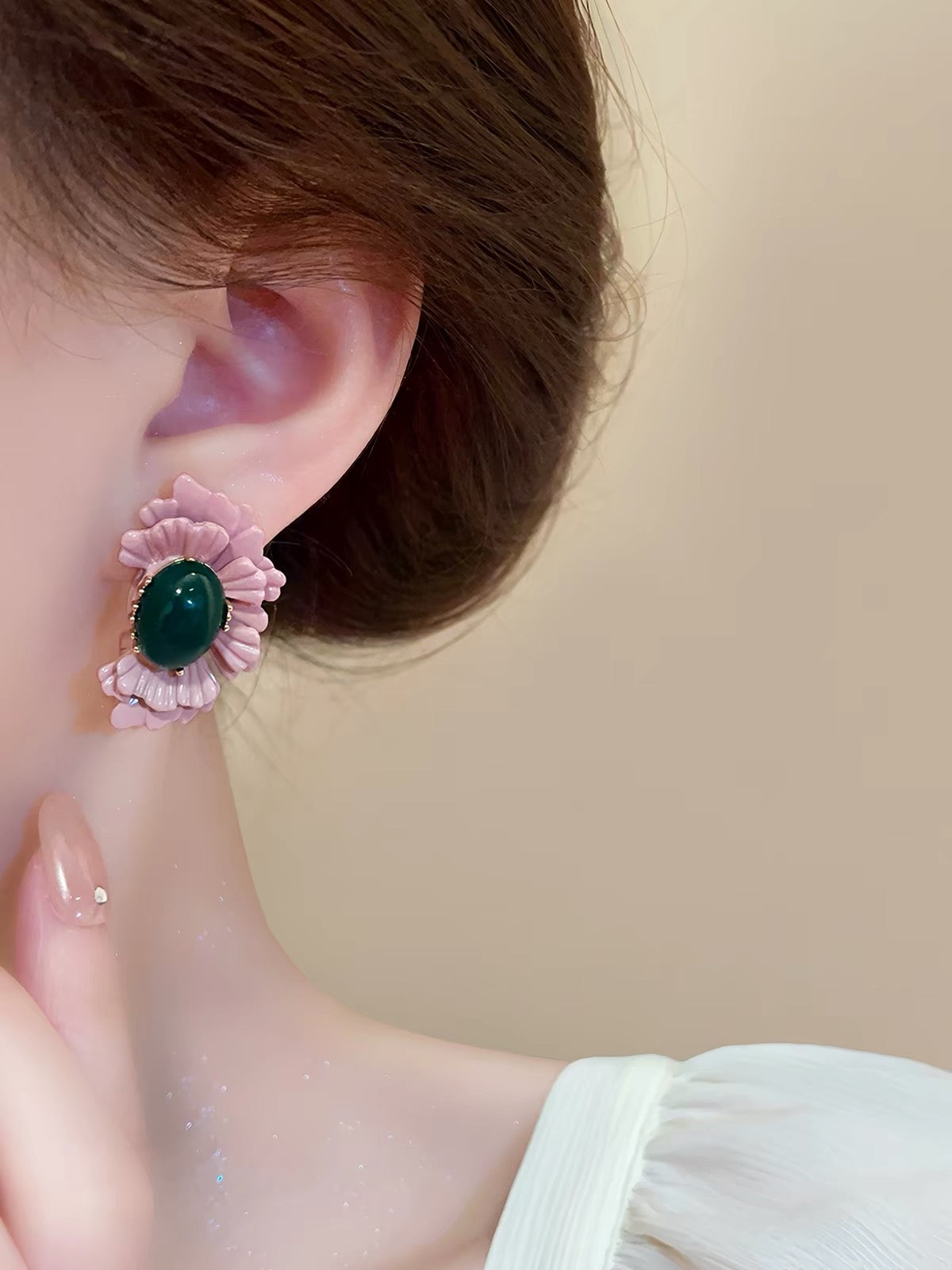 Vintage Pink Flower Stud Earrings – Green Stone Statement Earrings