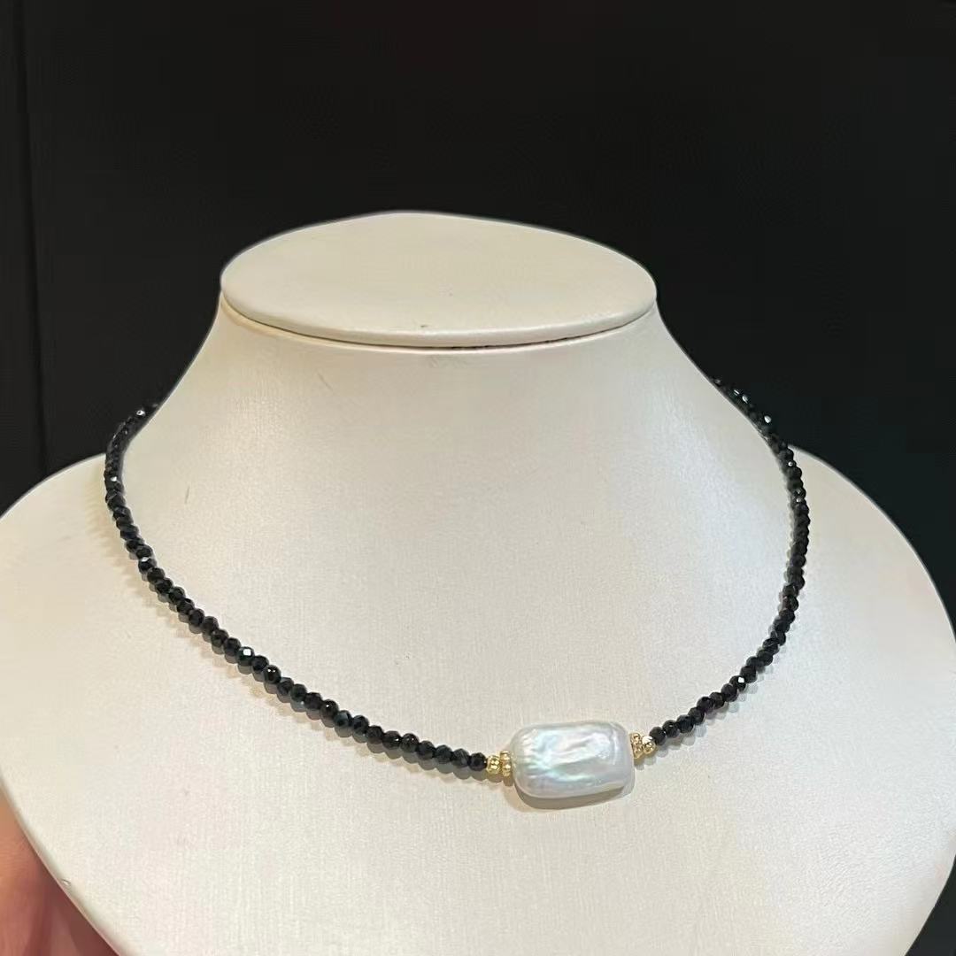 Black Spinel & Baroque Pearl Choker Necklace