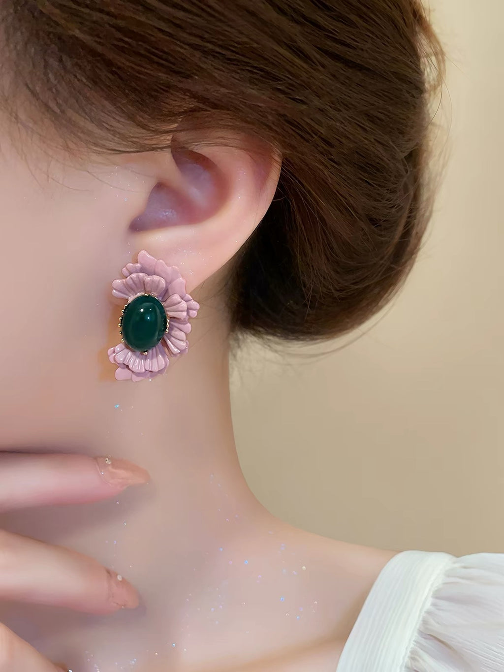 Vintage Pink Flower Stud Earrings – Green Stone Statement Earrings
