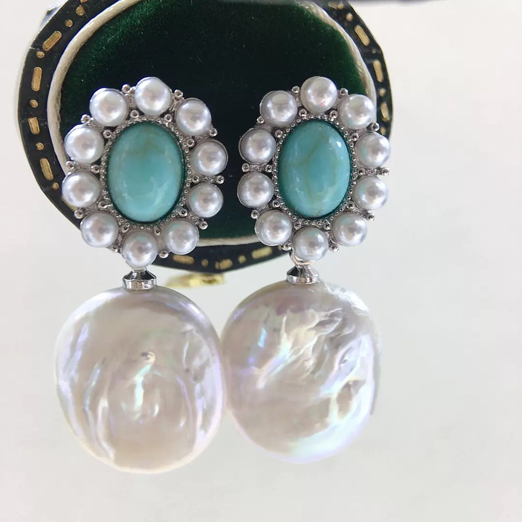 Vintage Turquoise Baroque Pearl Statement Earrings – Silver Tone