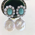 Vintage Turquoise Baroque Pearl Statement Earrings – Silver Tone