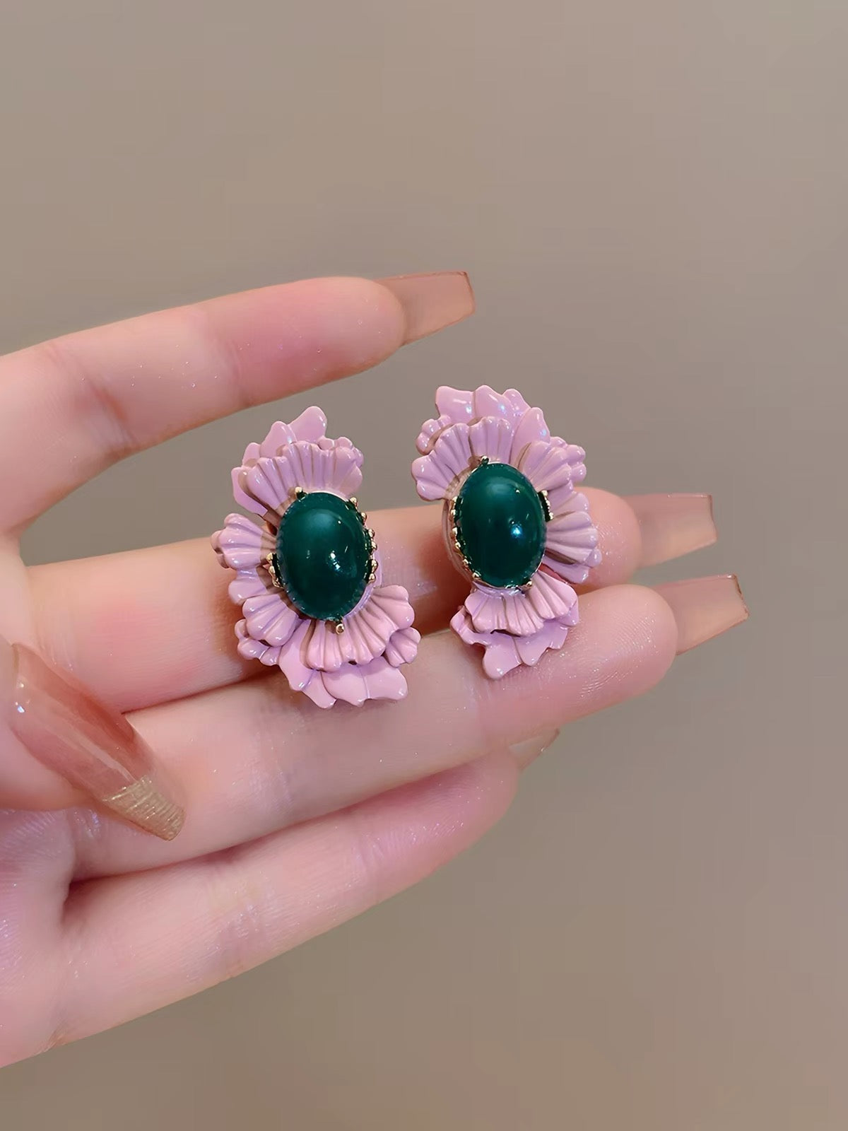 Vintage Pink Flower Stud Earrings – Green Stone Statement Earrings