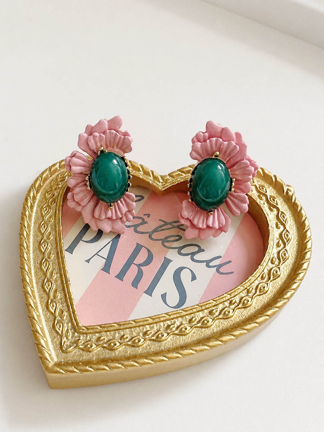 Vintage Pink Flower Stud Earrings – Green Stone Statement Earrings