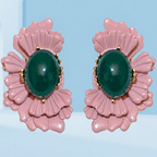 Vintage Pink Flower Stud Earrings – Green Stone Statement Earrings