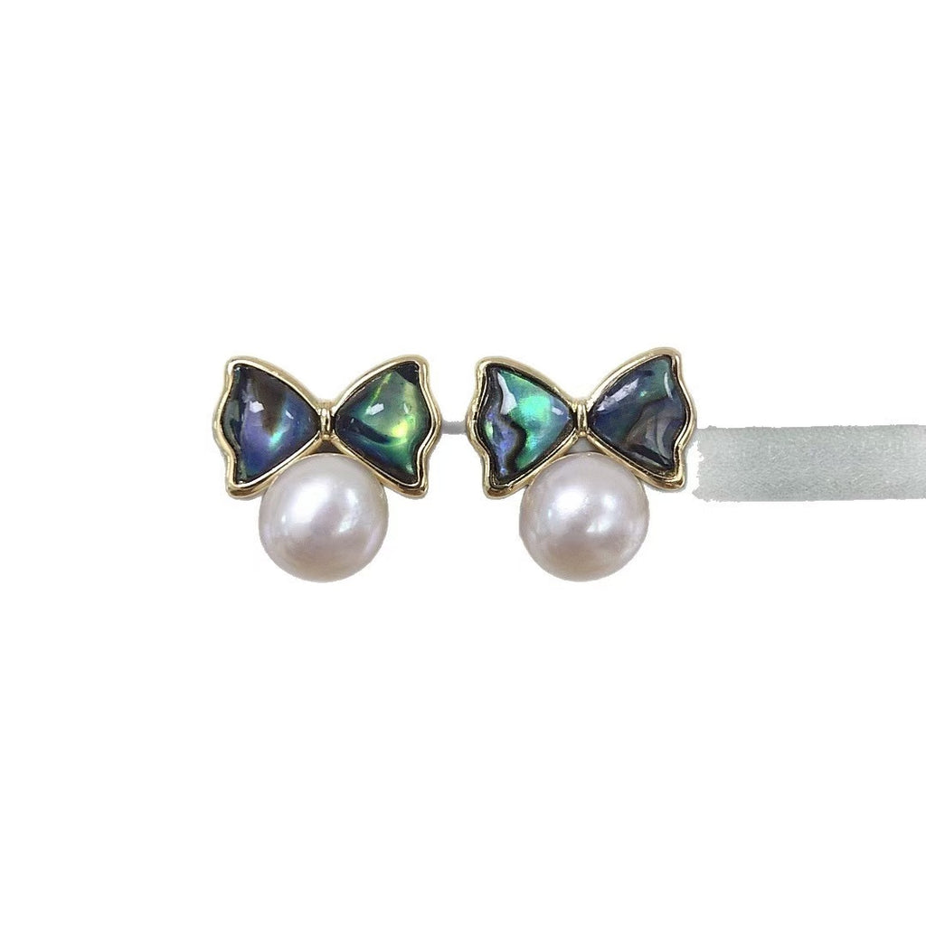 Freshwater Pearl & Abalone Bow Stud Earrings