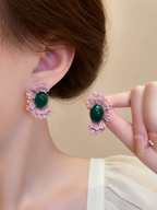 Vintage Pink Flower Stud Earrings – Green Stone Statement Earrings