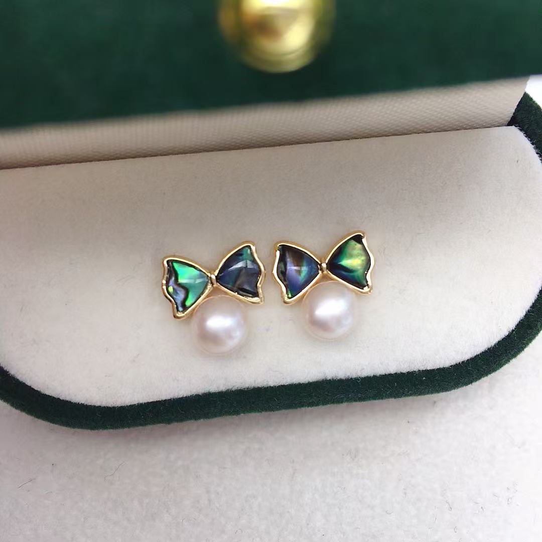 Freshwater Pearl & Abalone Bow Stud Earrings