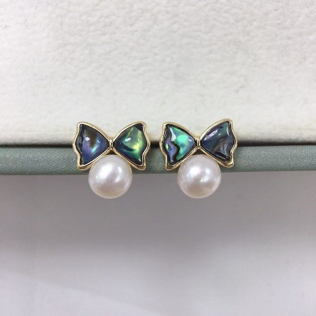 Freshwater Pearl & Abalone Bow Stud Earrings