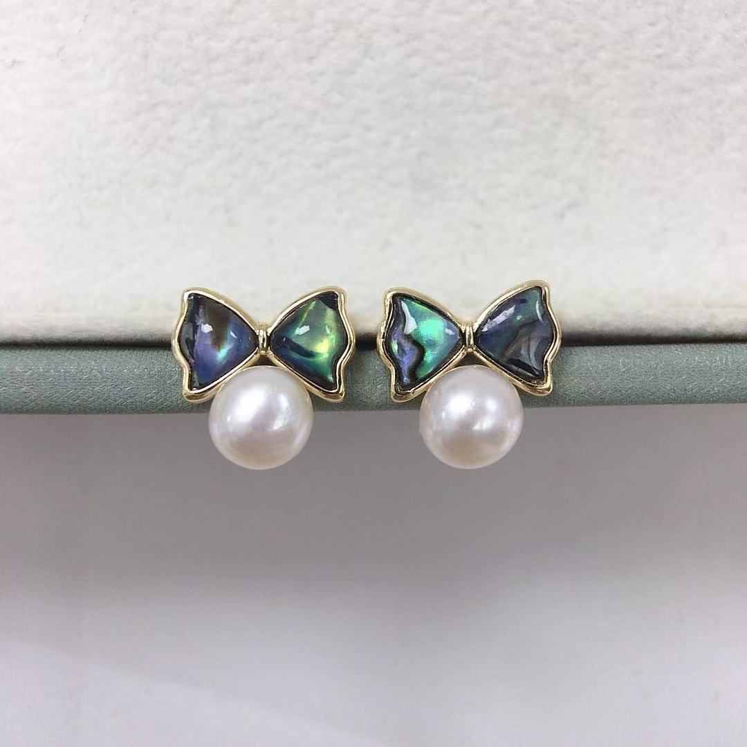 Freshwater Pearl & Abalone Bow Stud Earrings