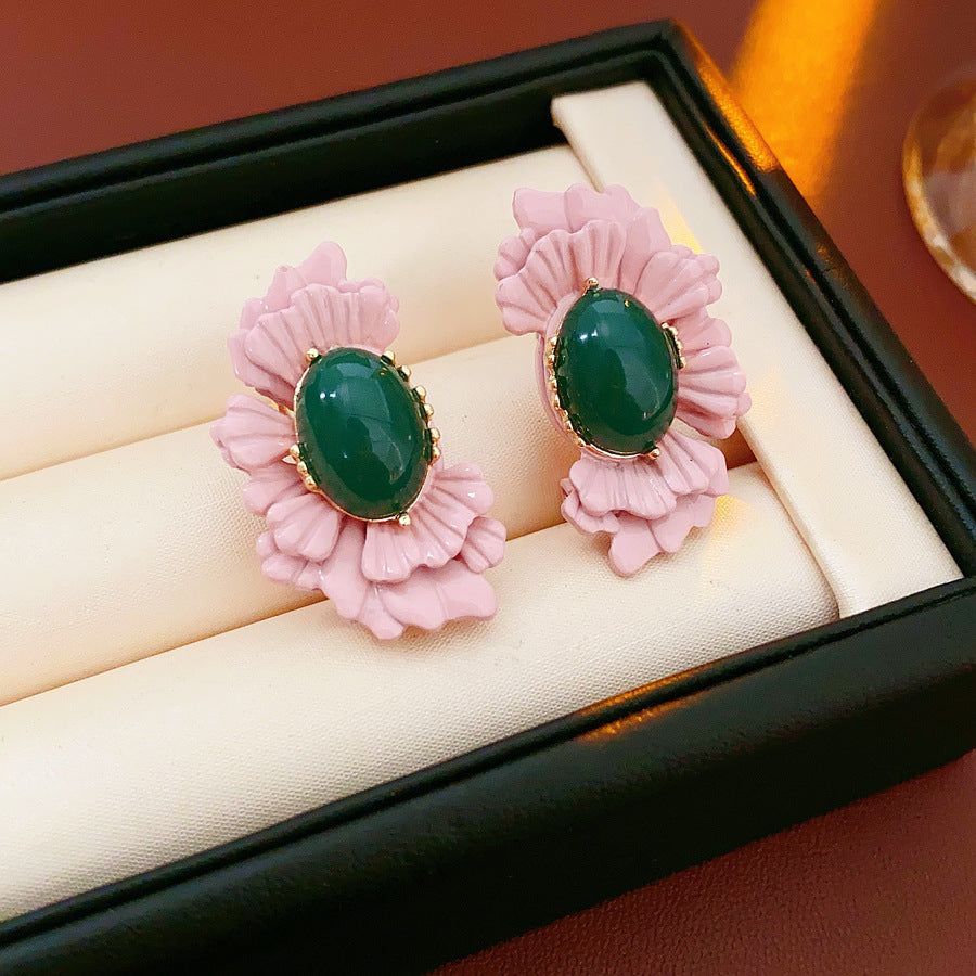 Vintage Pink Flower Stud Earrings – Green Stone Statement Earrings