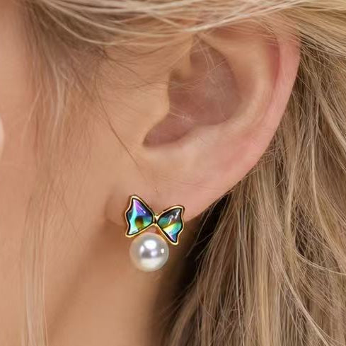 Freshwater Pearl & Abalone Bow Stud Earrings