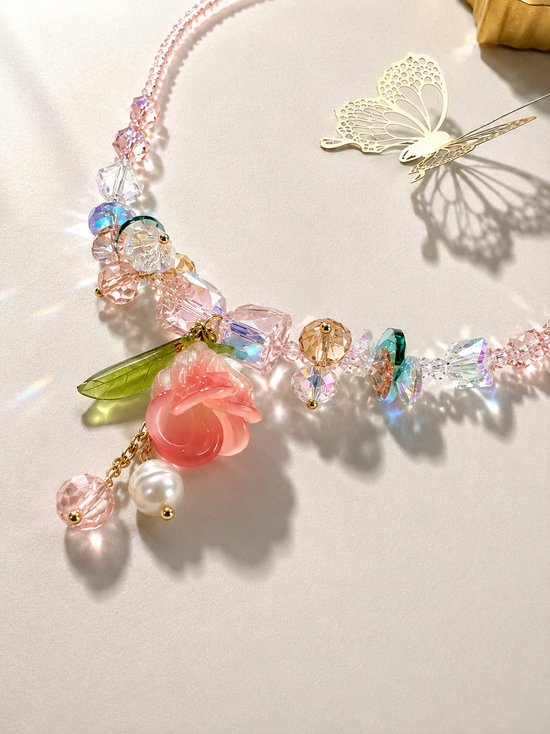Elegant Rose Pendant Beaded Necklace