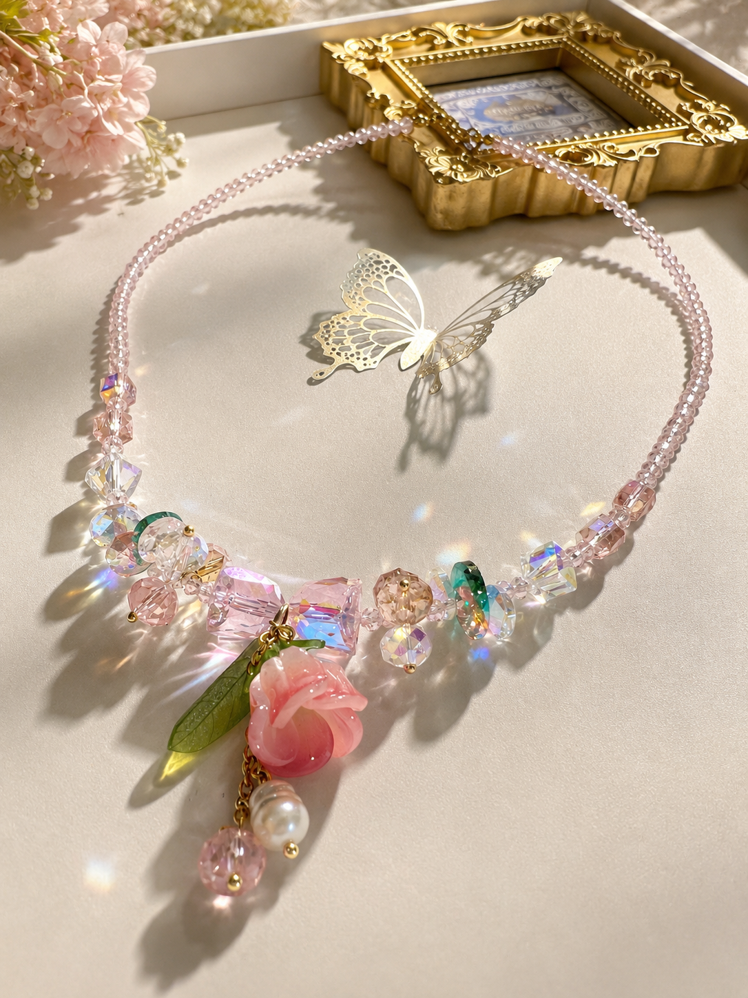 Elegant Rose Pendant Beaded Necklace