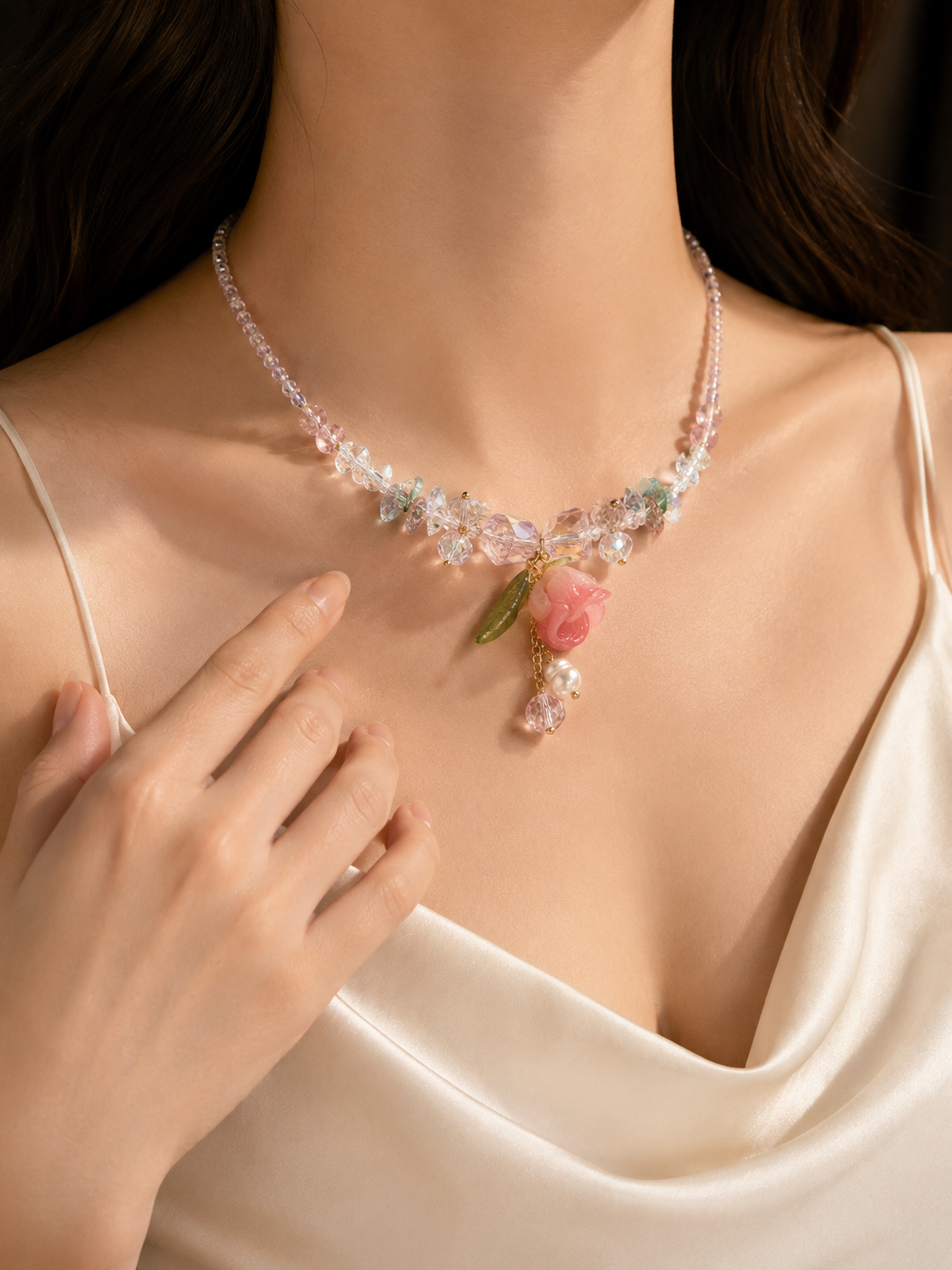 Elegant Rose Pendant Beaded Necklace