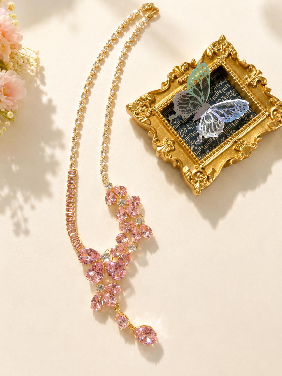 Elegant Pink Floral Necklace & Earrings Jewelry Set