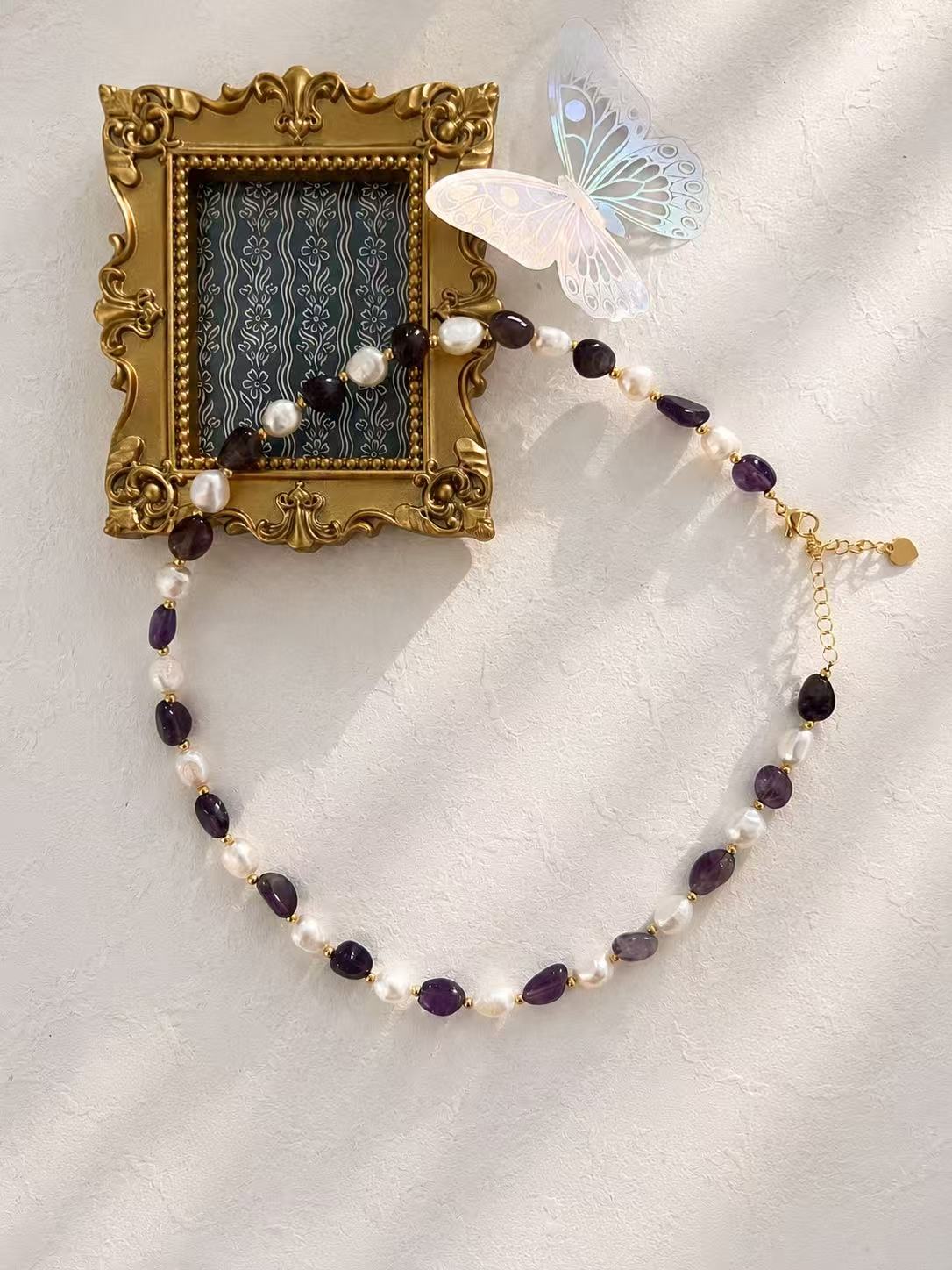 Purple Stone & Pearl Necklace