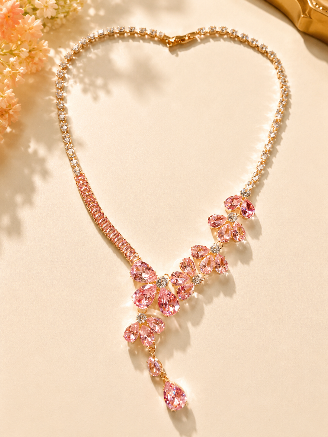 Elegant Pink Floral Necklace & Earrings Jewelry Set