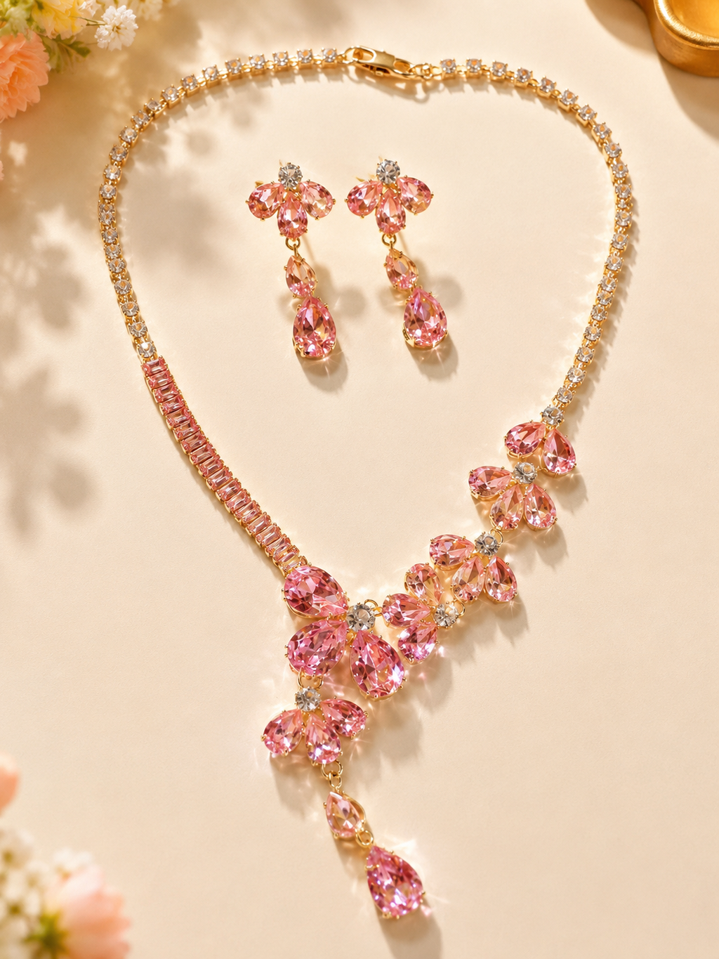 Elegant Pink Floral Necklace & Earrings Jewelry Set