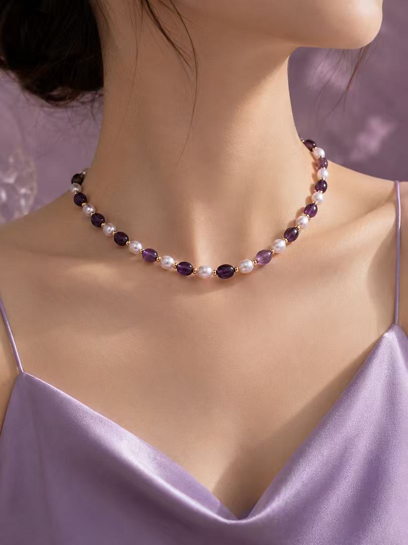 Purple Stone & Pearl Necklace