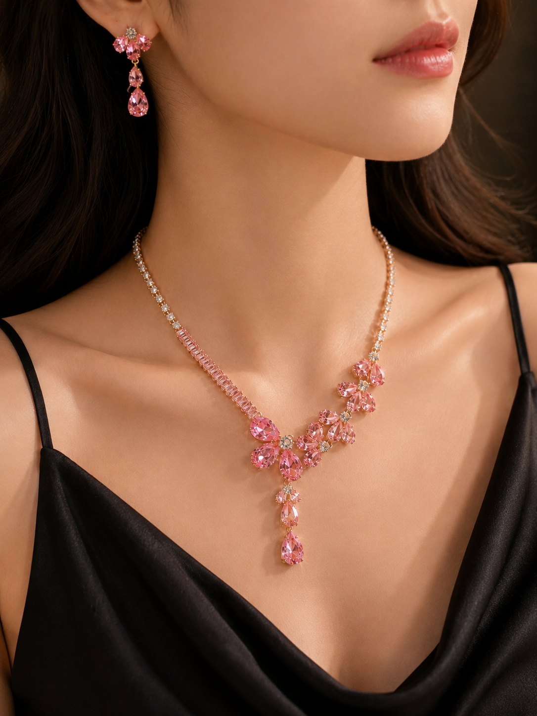 Elegant Pink Floral Necklace & Earrings Jewelry Set