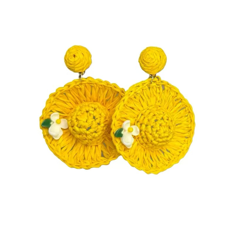 Handwoven Yellow Straw Hat Earrings