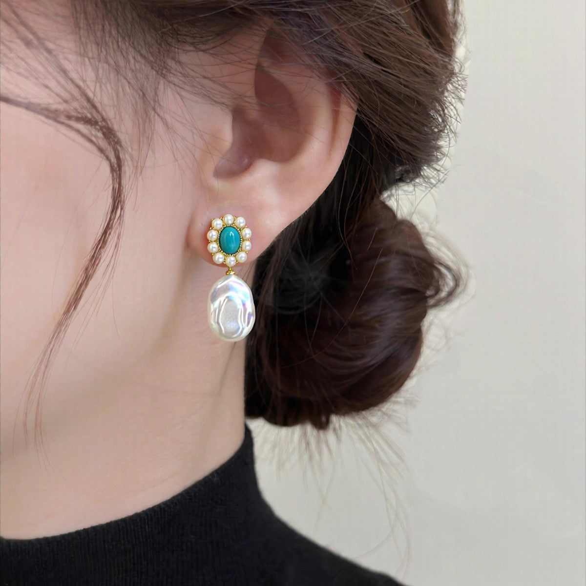 Vintage Turquoise Baroque Pearl Statement Earrings – Silver Tone
