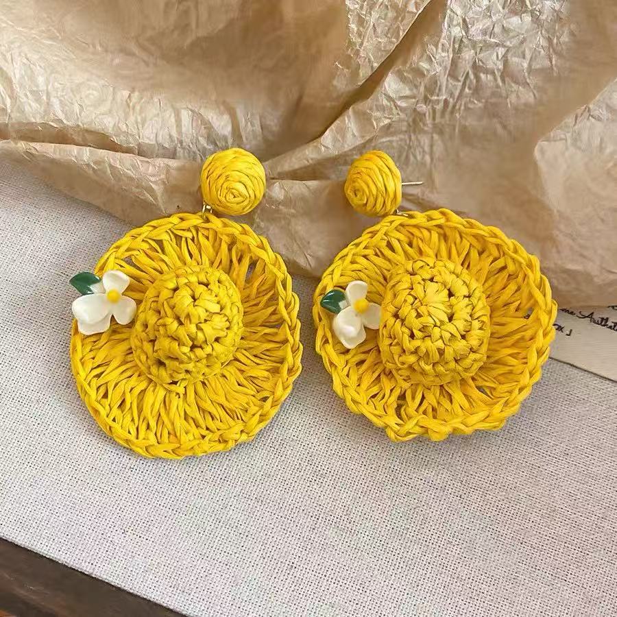 Handwoven Yellow Straw Hat Earrings