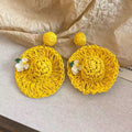 Handwoven Yellow Straw Hat Earrings