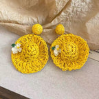Handwoven Yellow Straw Hat Earrings