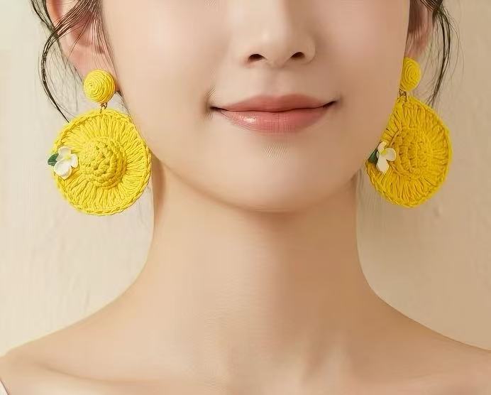 Handwoven Yellow Straw Hat Earrings